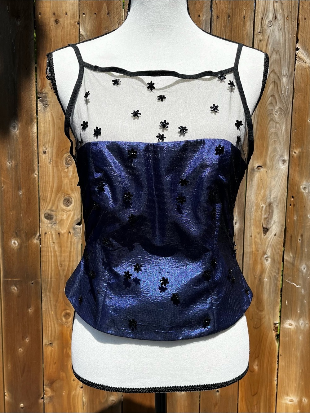Vintage Whimsigoth Patra petite Navy and Black Floral Appliqué Sheer Corset